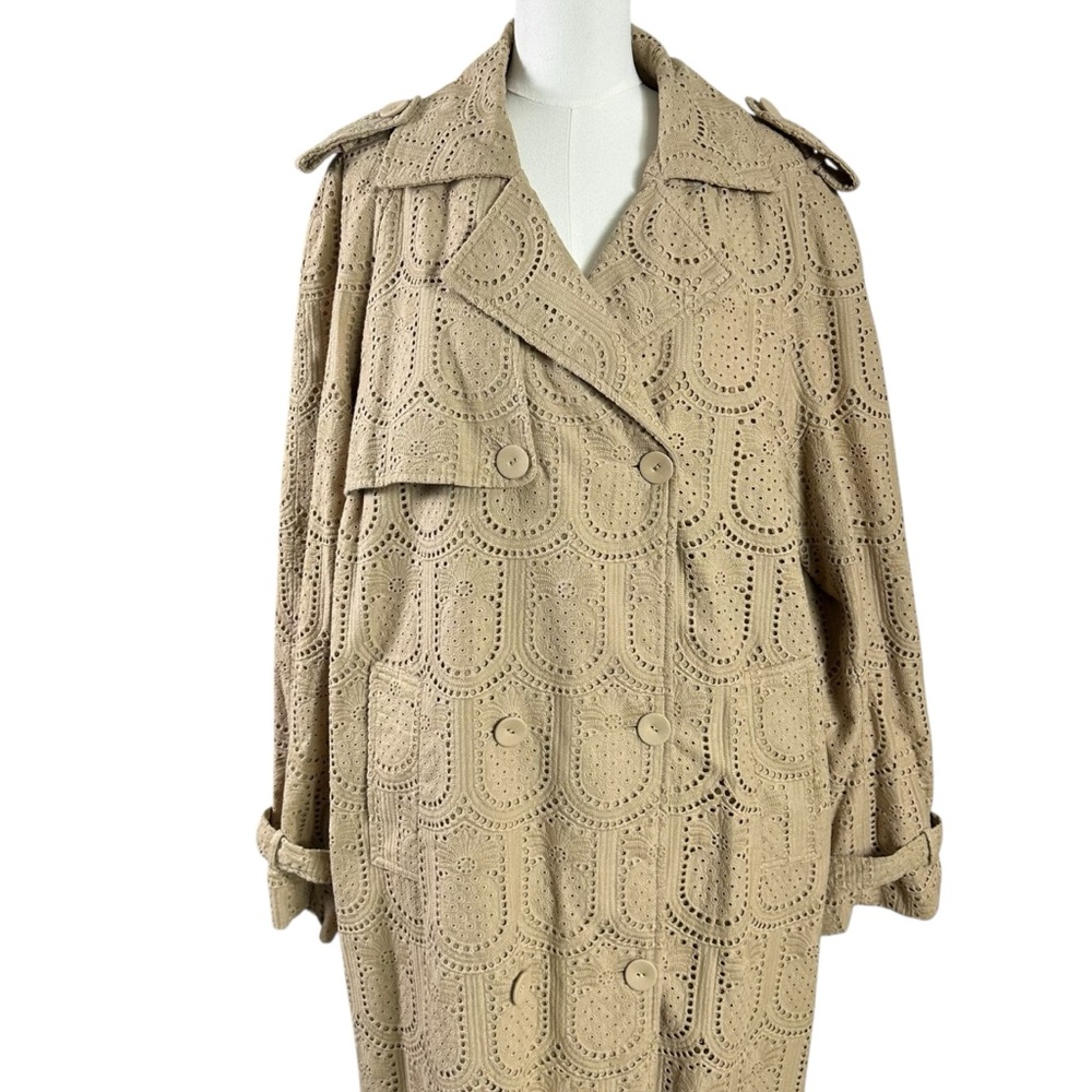 Farm Rio Khaki Pineapple Cotton Eyelet Trench Coat Size Large Neutral Bohemian - Picture 8 of 13